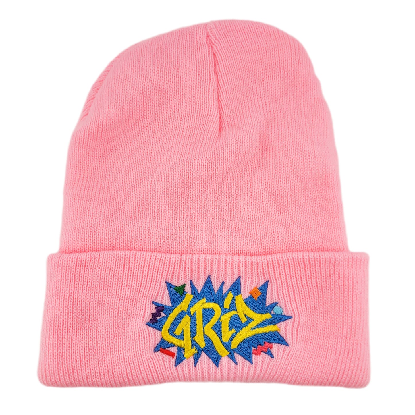 Pink beanie with colorful 'GRIZ' embroidery on a white background