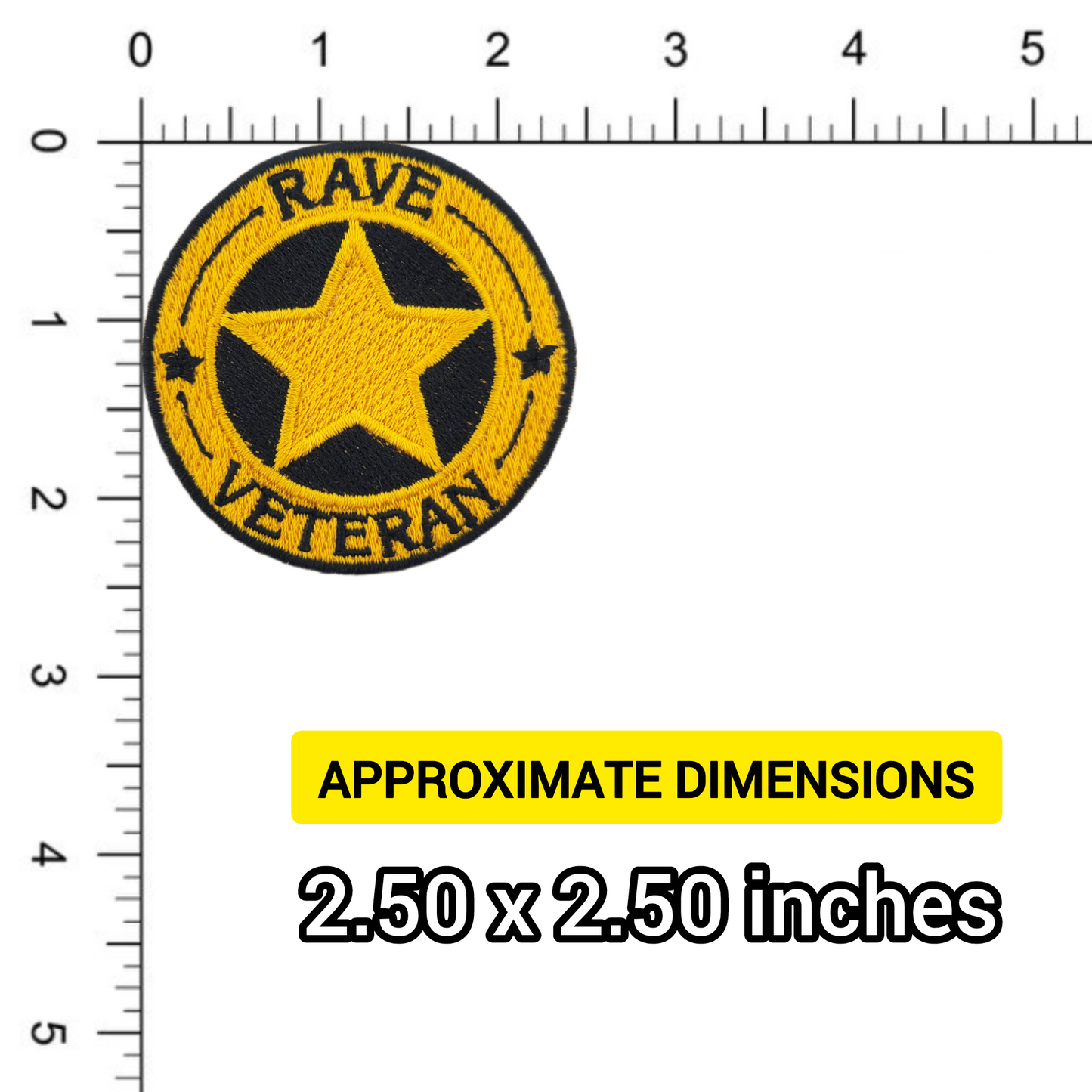 Patch with star design and 'RAVE VETERAN' text, measured against a ruler showing dimensions.
