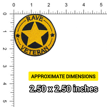 Patch with star design and 'RAVE VETERAN' text, measured against a ruler showing dimensions.