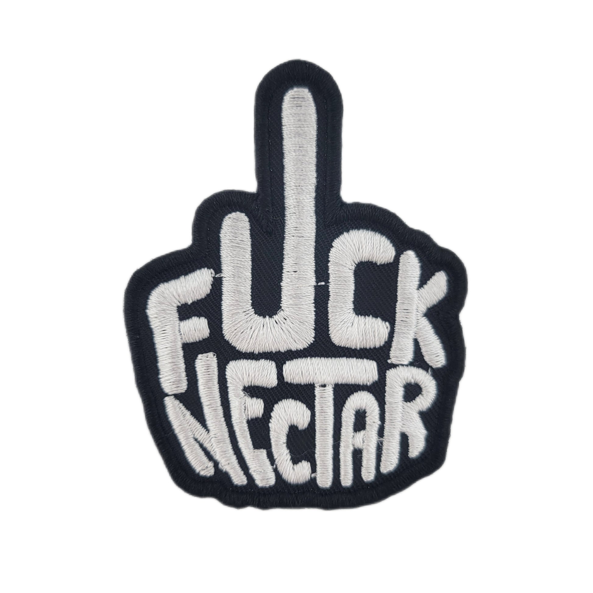 Embroidered patch with 'Fuck Nectar' text on a white background