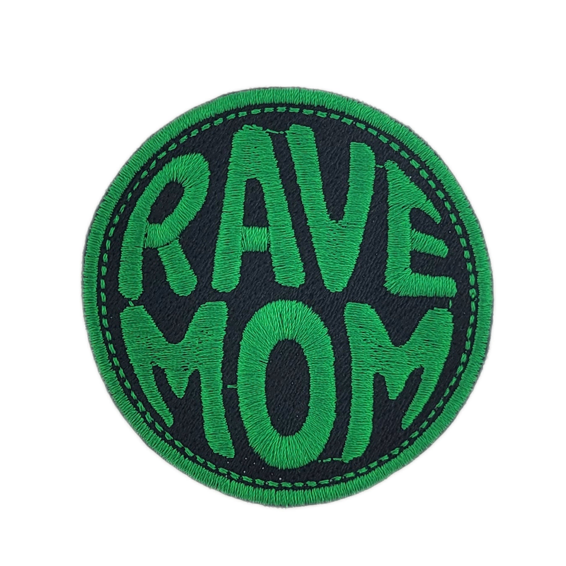 Circular patch with 'RAVE MOM' text in green on a black background