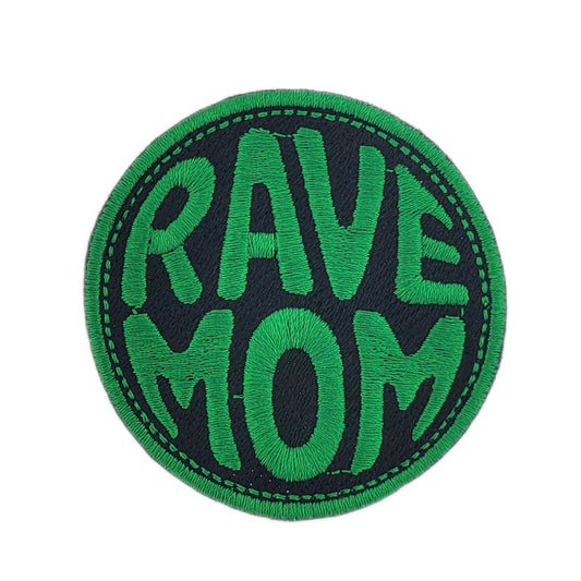 Circular patch with 'RAVE MOM' text in green on a black background