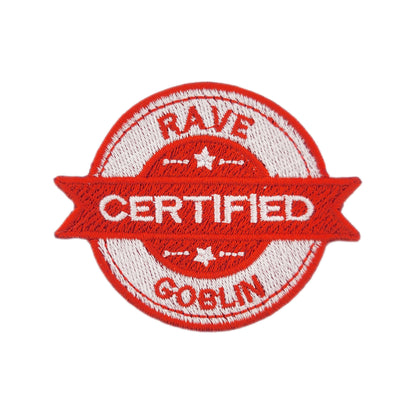 Red and white patch with 'Certified Rave Goblin' text on a white background