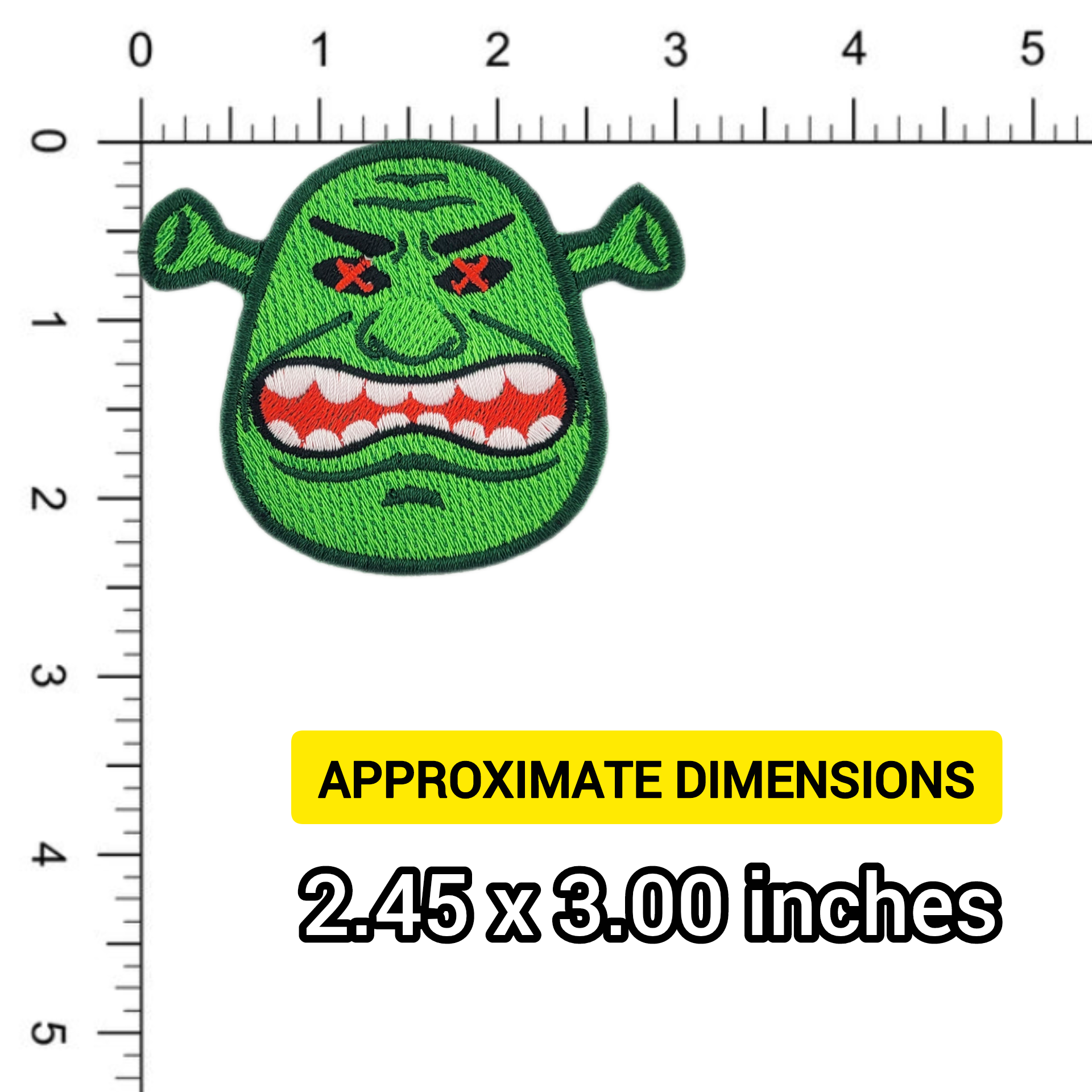 Angry green ogre with red 'x' through its eyes, referencing the popular EDM Rave Ogre visuals meme. Against a ruler for scale.