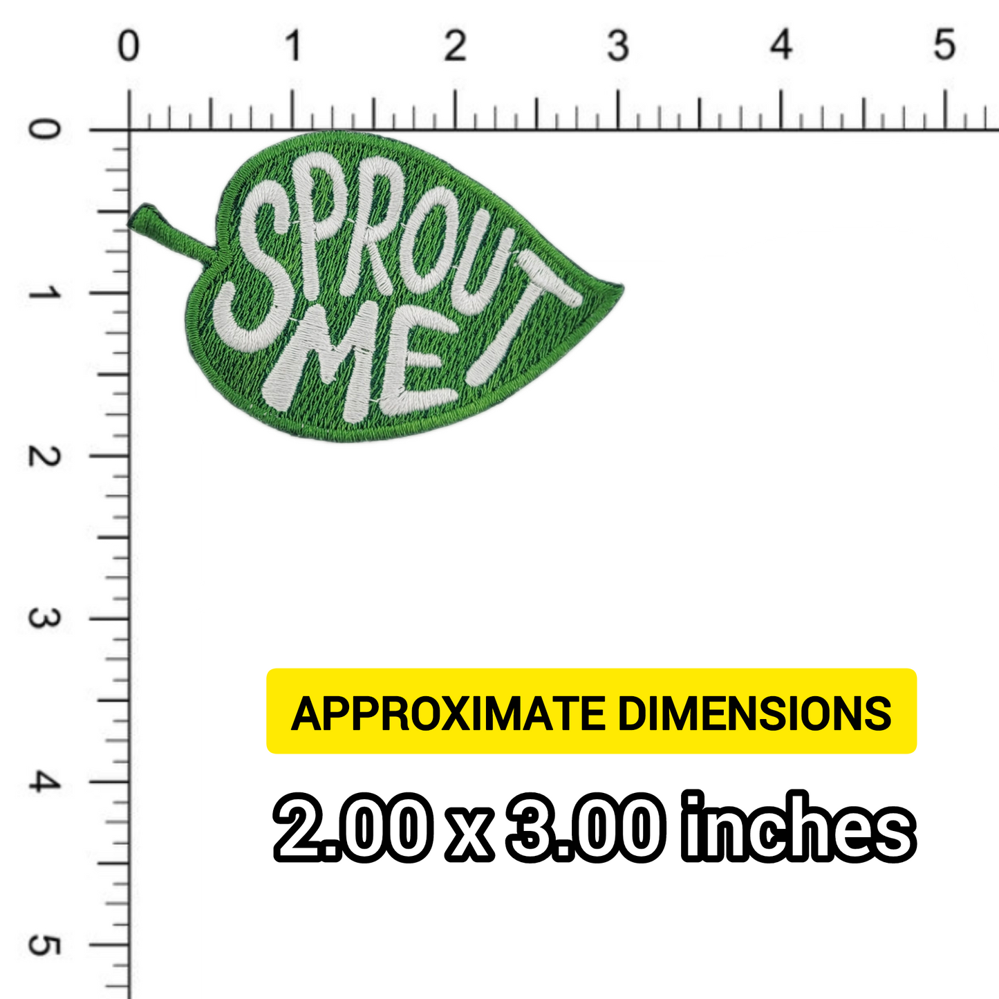 Leaf-shaped patch with 'SPROUT ME' text on a ruler for size reference