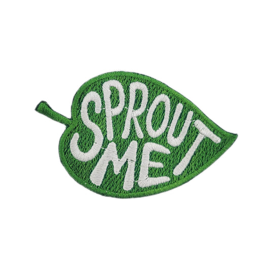 Green leaf-shaped patch with 'SPROUT ME' text on a white background