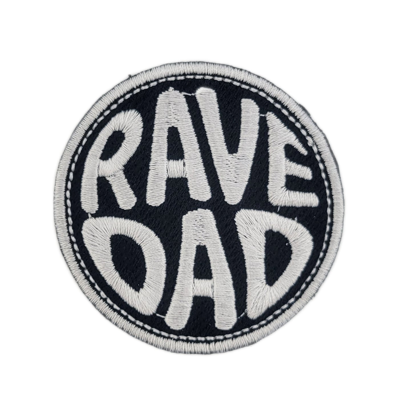 Round patch with 'RAVE DAD' text on a black background