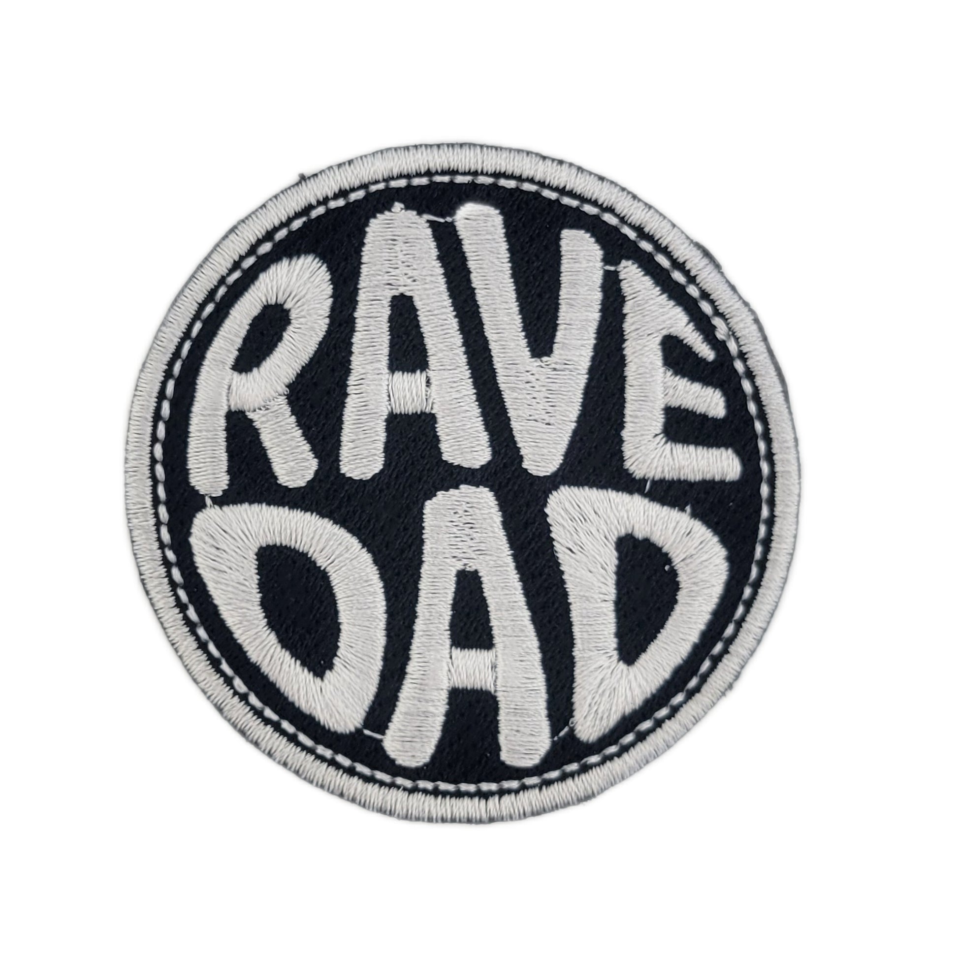 Round patch with 'RAVE DAD' text on a black background