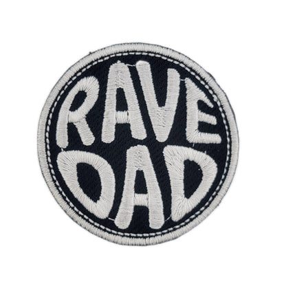 Round patch with 'RAVE DAD' text on a black background