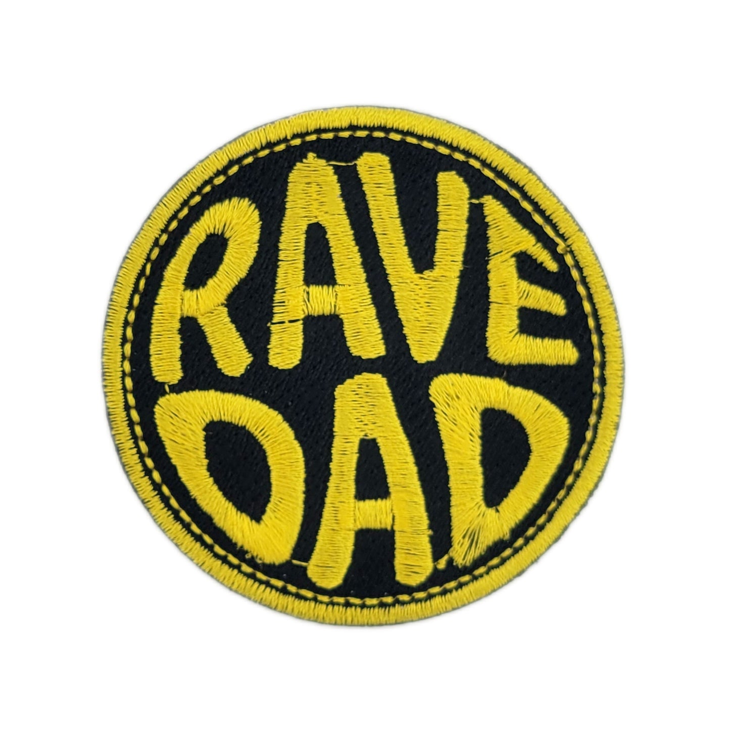 Round patch with 'RAVE DAD' text in yellow on a black background
